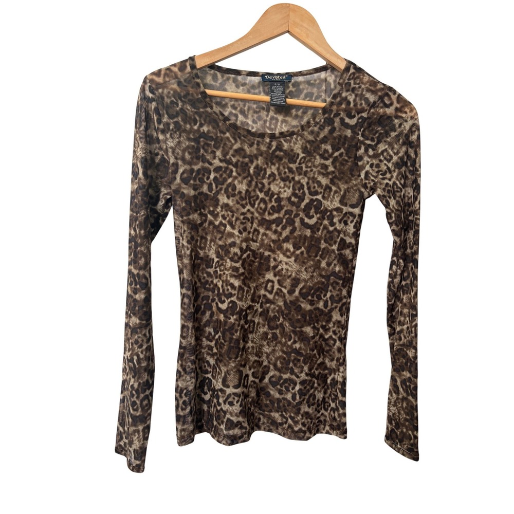 Y2K Devoted by Dex Womens Leopard Print Mesh Top Brown Sheer Long Sleeve S